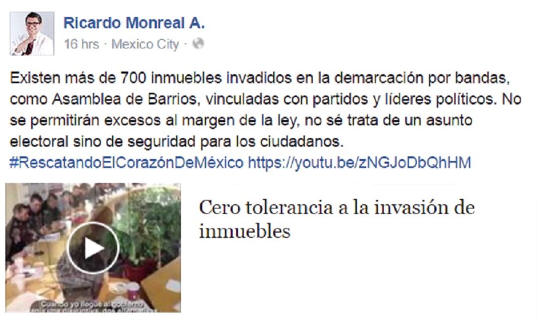 Ricardo Monreal said that he will not be an accomplice of criminals. (Photo: Taken from Facebook)