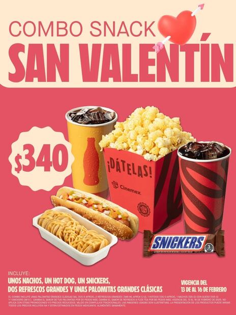 Combo Snack San Valentín en Cinemex. Foto: Cinemex