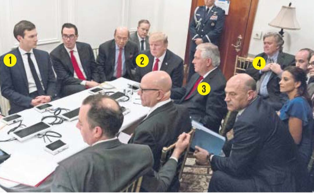 1. Jared Kushner, yerno de Trump; el presidente de EU, 2. Donald Trump; el secretario de Estado 3. Rex Tillerson y el estratega 4. Steve Bannon, en la sesión informativa sobre la operación en Siria, el jueves. (AP)