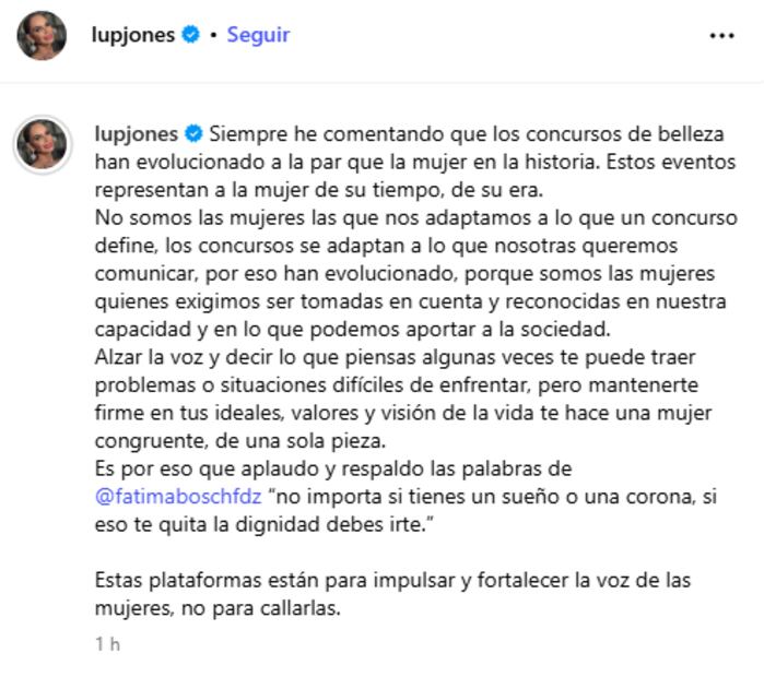 Lupita Jones se pronuncia a favor de Fátima Bosch. Foto: Captura de pantalla (@lupjones)