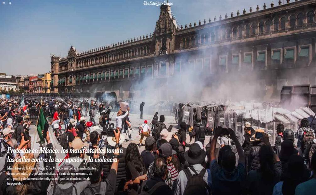 Cobertura del medio The New York Times sobre la marcha de la generación Z en México. Foto: Captura de pantalla