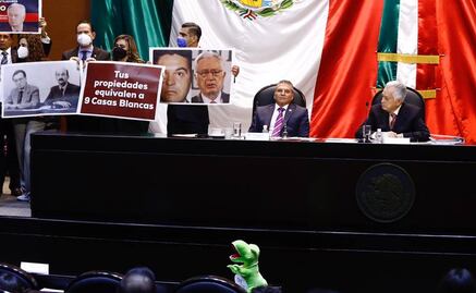 Con pancartas y un dinosaurio de peluche, reprochan a Bartlett propiedades y contratos del IMSS