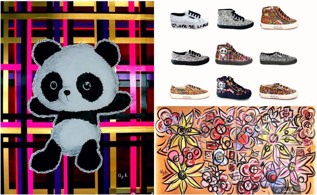 Panda Matrix y Wonder Flowers, obras del artista español-americano, junto a sus respectivos sneakers
