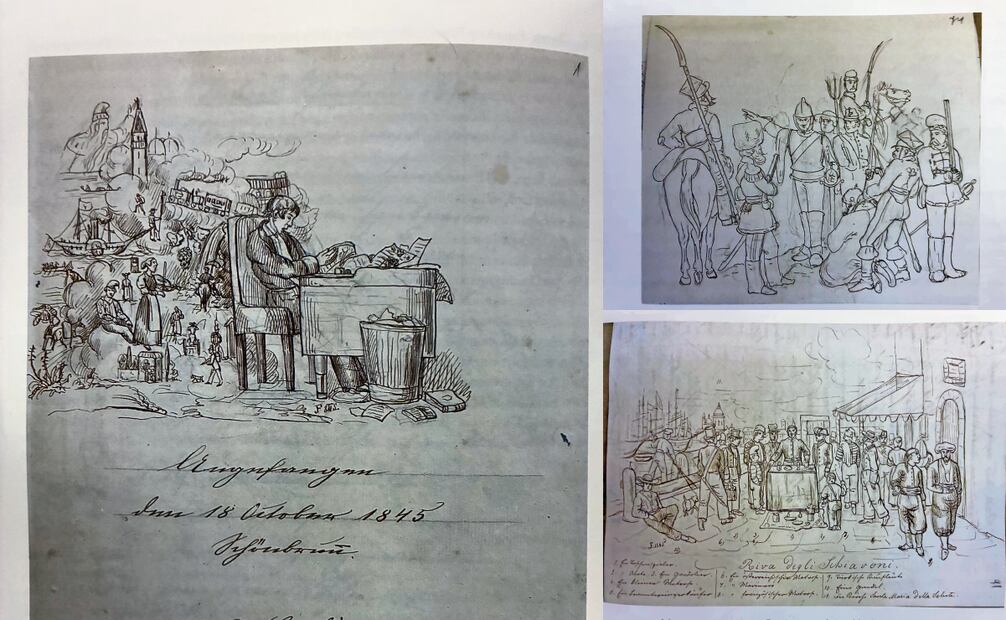 El primer dibujo del libro es un complejo autorretrato de Maximiliano, sentado en un escritorio con toda una escena de ciudad al fondo; lo hizo a los 13 años Imágenes del libro Maximiliano y su diario de 1863. (La construcción de un emperador vista por un mexicano)