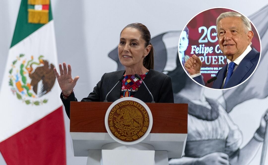 La presidenta Claudia Sheinbaum Pardo encabeza la conferencia mañanera del 1 de mayo de 2025, desde Palacio Nacional. En el círculo: El expresidente Andrés Manuel López Obrador. Foto: Hugo Salvador / EL UNIVERSAL