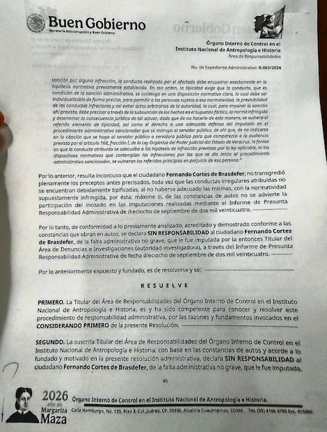 El Órgano Interno de Control dictaminó que Cortés de Brasdefer no incurrió en ninguna falta administrativa
