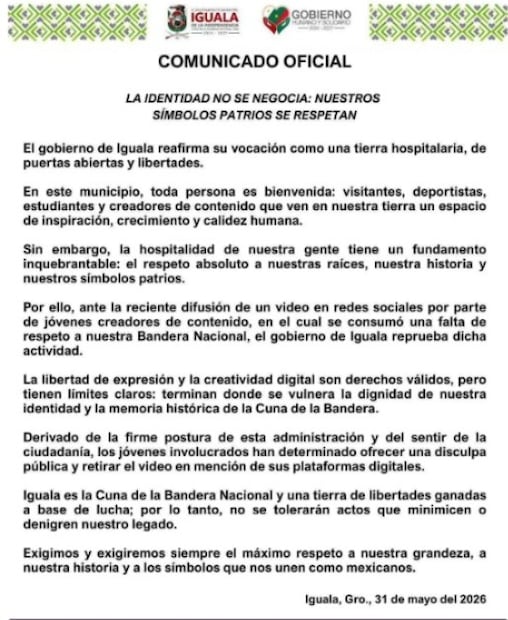 Comunicado Gobierno de Iguala. Foto: Captura de pantalla