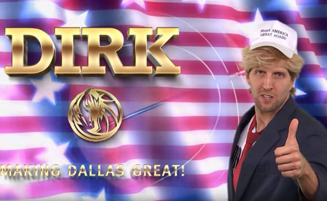 “Mi nombre es Dirk Nowitzki, y yo apruebo este mensaje” es una de las tantas referencias al magnate inmobiliario. (Foto: DallasMavericks / Youtube)