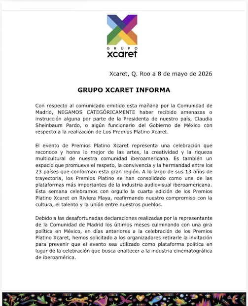 Comunicado Grupo Xcaret. Foto: especial