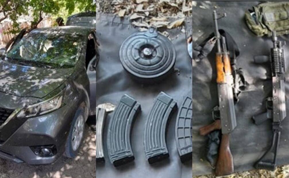 Se les aseguraron cinco armas de fuego de alto poder, 11 cargadores, 524 cartuchos, dos granadas, equipo táctico y dos vehículos. Foto: Especial