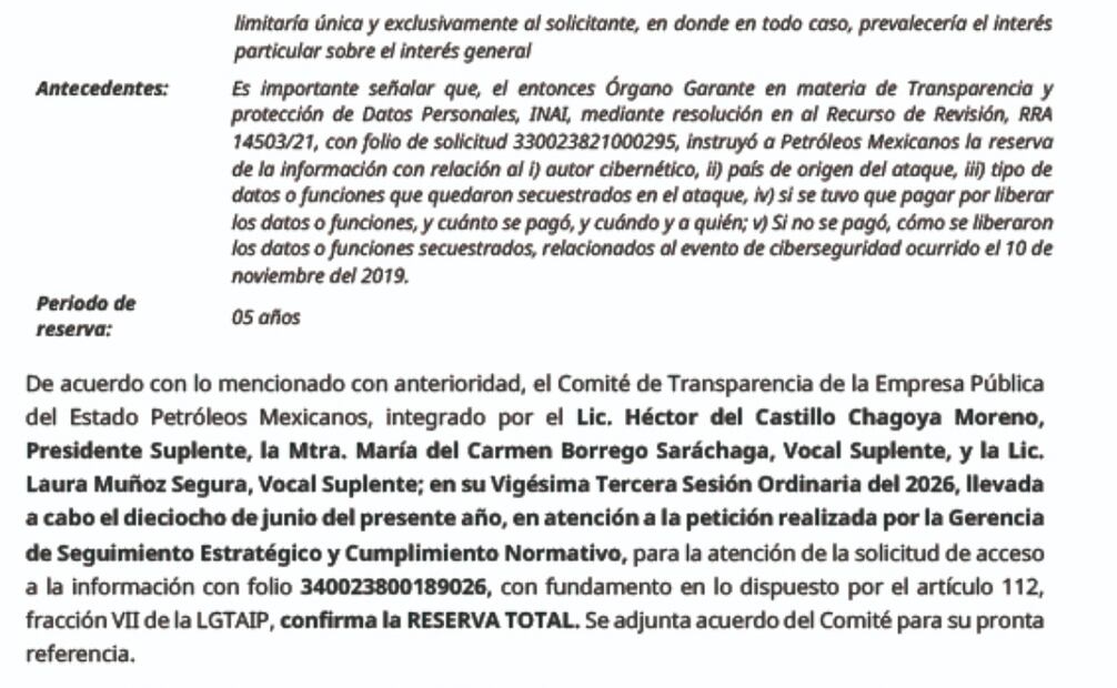 Pemex rechazó entregar detalles del ciberataque al argumentar que el expediente continúa reservado por ley.
