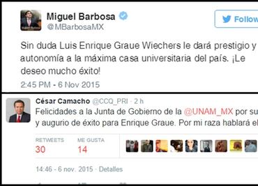 Clase política felicita a Graue por designación como rector