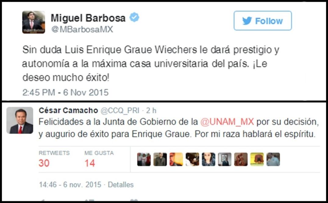 Clase política felicita a Graue por designación como rector