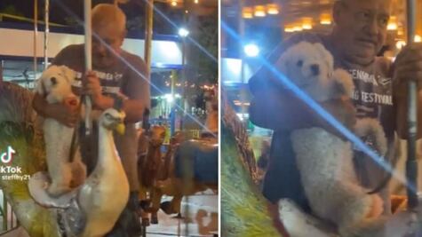 Abuelito roba corazones en TikTok al pasear con su lomito en un carrusel