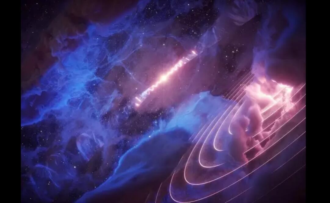 El microquasar SS 433 (al fondo) se balancea con un período de 162 días. Foto: DESY, SCIENCE COMMUNICATION LAB vía Europa Press