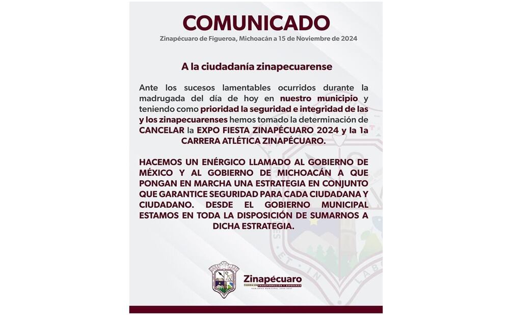 Suspenden Expo Fiesta 2024 en Zinapécuaro, Michoacán por vinolencia (15/11/2024). Foto: Especial