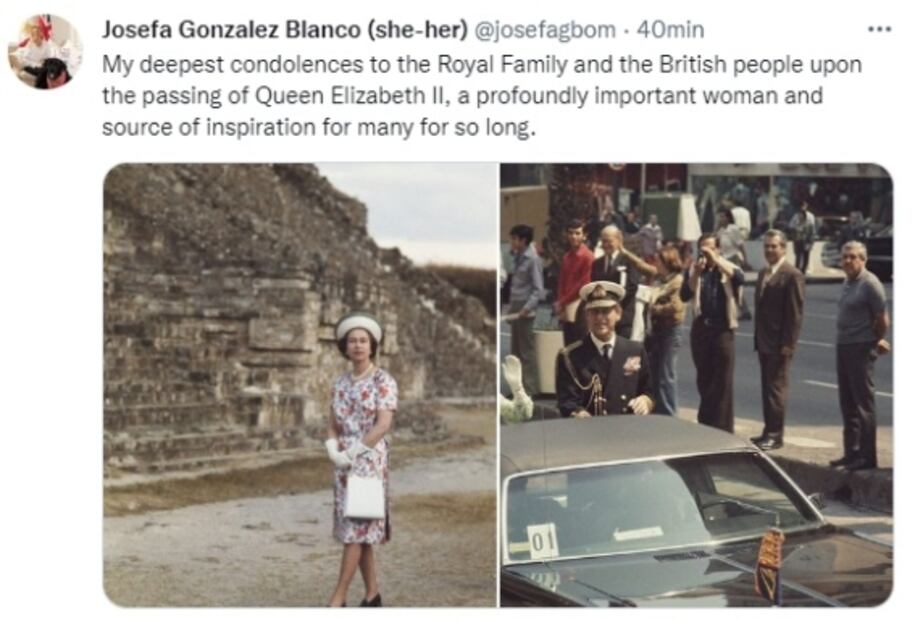 Exsecretaria de AMLO y "embajadora ante la reina Isabel II" expresa condolencias a familia real