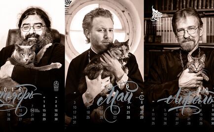 Monjes posan con gatos para calendario