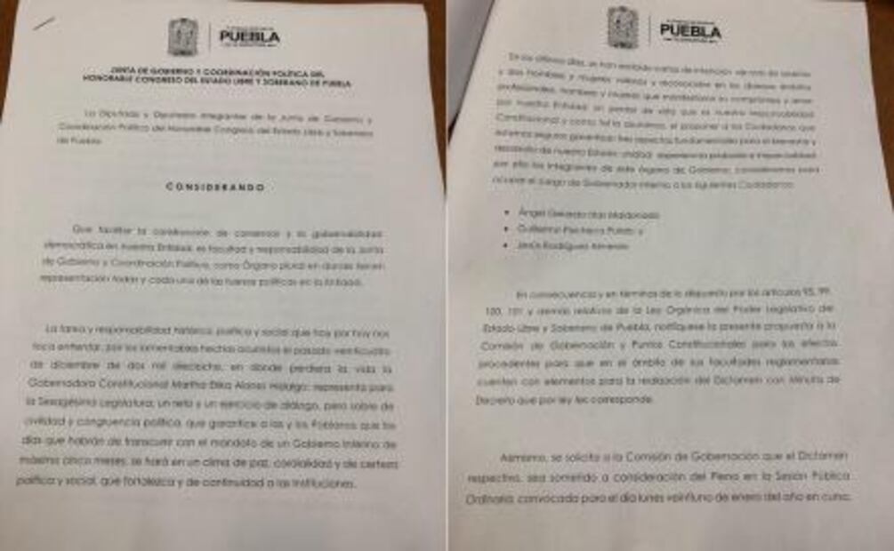 Diputados acuerdan terna para gobernador interino de Puebla