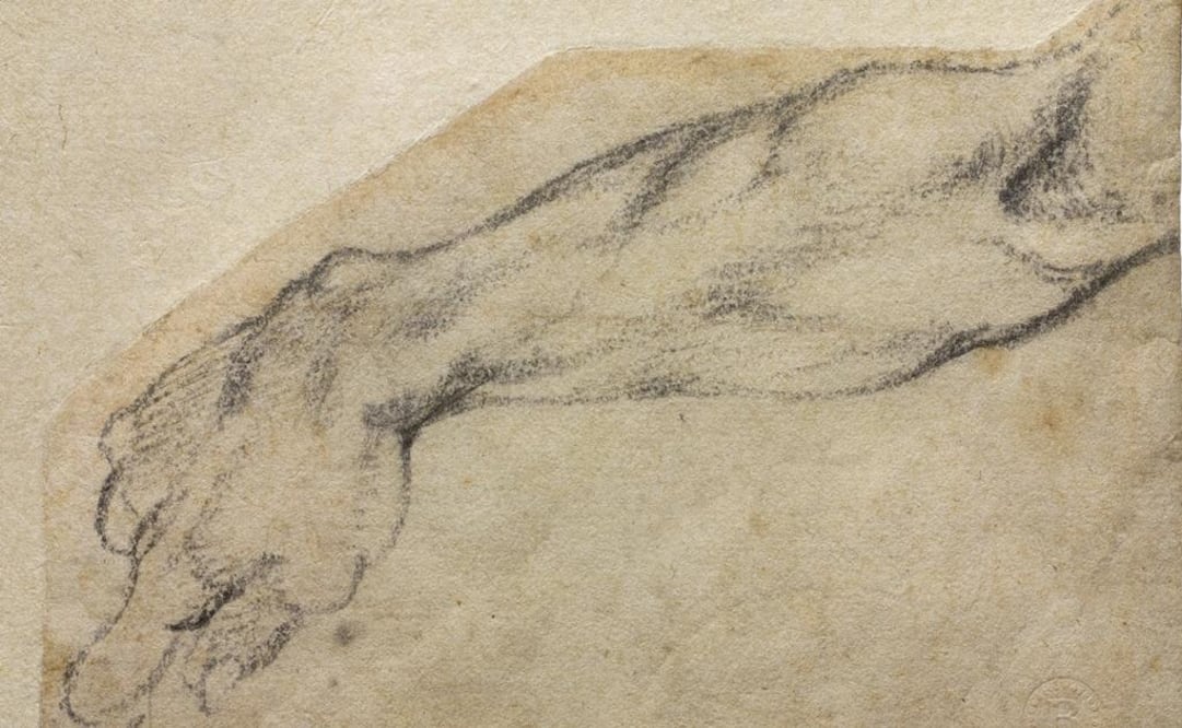 Miguel Ángel Buonarroti, Estudio de un brazo para una figura de la bóveda de la Capilla Sixtina, 1509-1510. Lápiz negro. Casa Buonarroti, Florencia, Italia. FOTO: Cortesía Fondazione Casa Buonarroti - Associazione MetaMorfosi, Roma Miguel Ángel Buonarroti