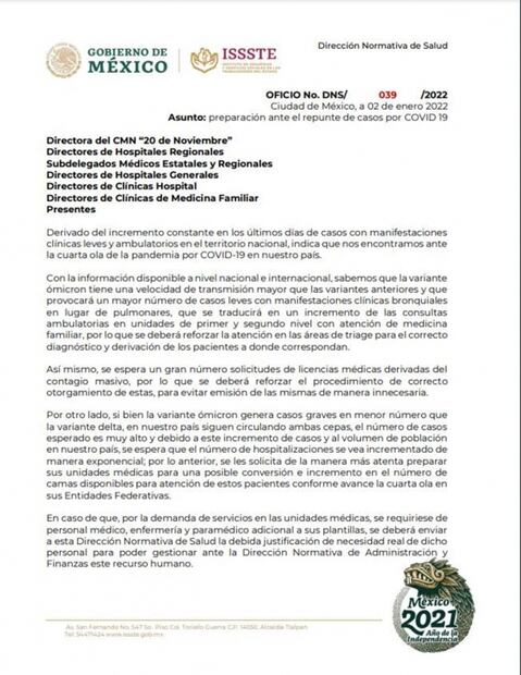 ISSSTE llama a su personal a prepararse ante cuarta ola de Covid-19