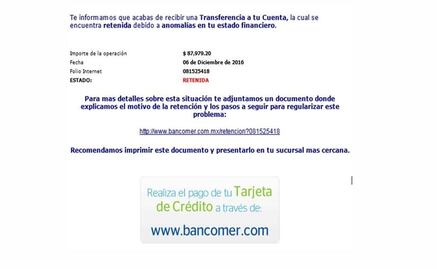 Circula correo apócrifo de BBVA Bancomer que roba información