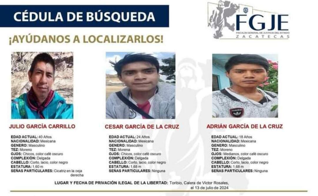 Julio García Carrillo junto con sus hijos Adrián y César García de la Cruz, de 18 y 24 años, fueron sacados por la fuerza por sujetos armados. Foto: Especial