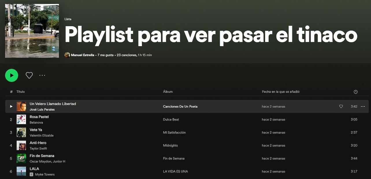 Playlist Spotify. Foto: Captura de pantalla