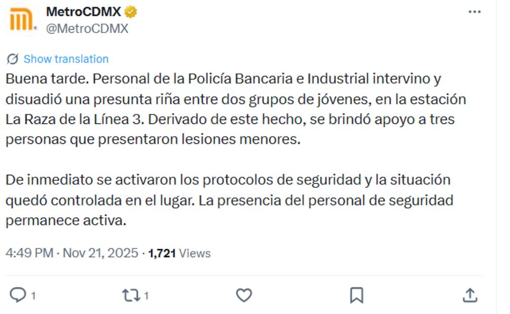 Riña entre grupos de estudiantes en el Metro deja 4 heridos.
Foto: Especial.