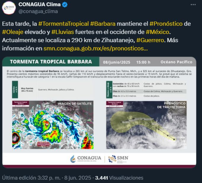 Conagua alerta del pronostico de clima por tormenta Bárbara (08/06/2025). Foto: X @conagua_clima