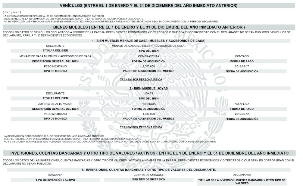 La única herencia que Ulloa reportó es la recibida en 2019 en joyas con un valor de un millón de pesos.