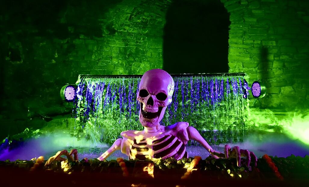 Imagen que muestra una calavera monumental en el “Túnel de la Muerte” durante la inauguración del Festival del Día de Muertos, en Guanajuato, el miércoles 29 de octubre de 2025. Foto: EFE