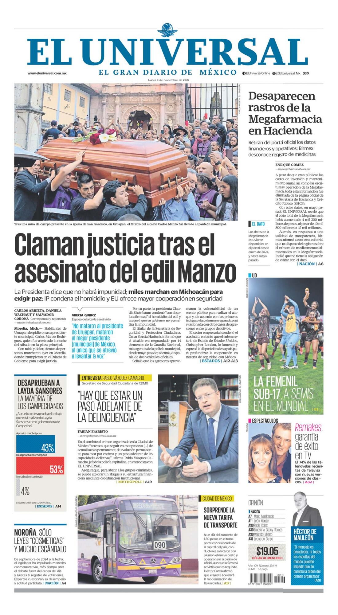 Portada impresa del 3 de noviembre de 2025