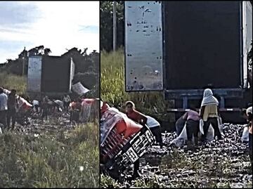 Vuelca camión cargado con latas y pobladores realizan rapiña en Campeche