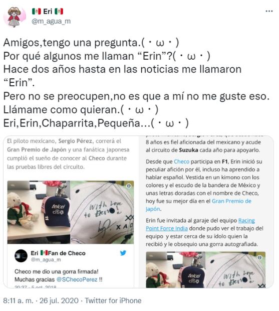 Eri, la fan número 1 de Checo Pérez en Japón ¡Habla español por el mexicano!