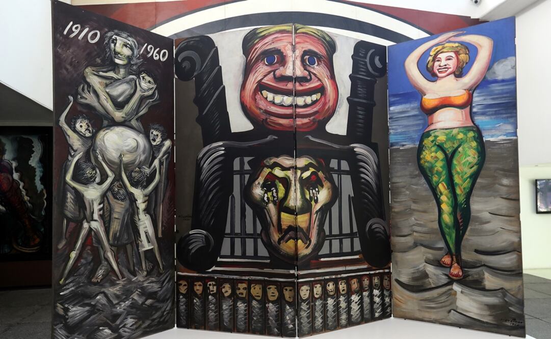 En el patio de la Sala de Arte Público Siqueiros (SAPS) están dispuestos los dos biombos que hizo David Alfaro Siqueiros en 1960, cuando estaba preso en Lecumberri.