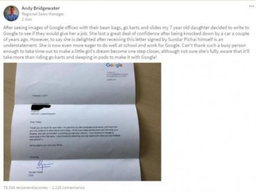 Niña de 7 años pide trabajo a Google y el CEO le responde
