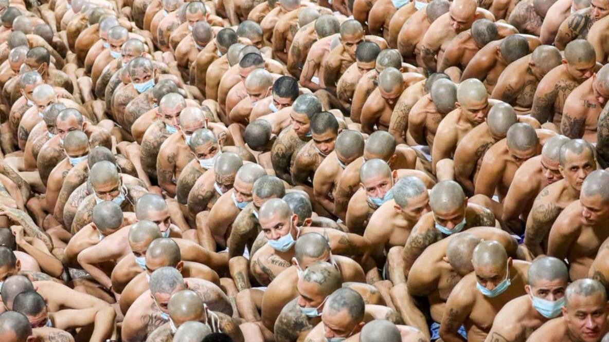 El gobierno de El Salvador difundió imágenes de reclusos amontonados en filas, algunos de ellos portando mascarillas (Foto: Twitter @PresidenciaSV)