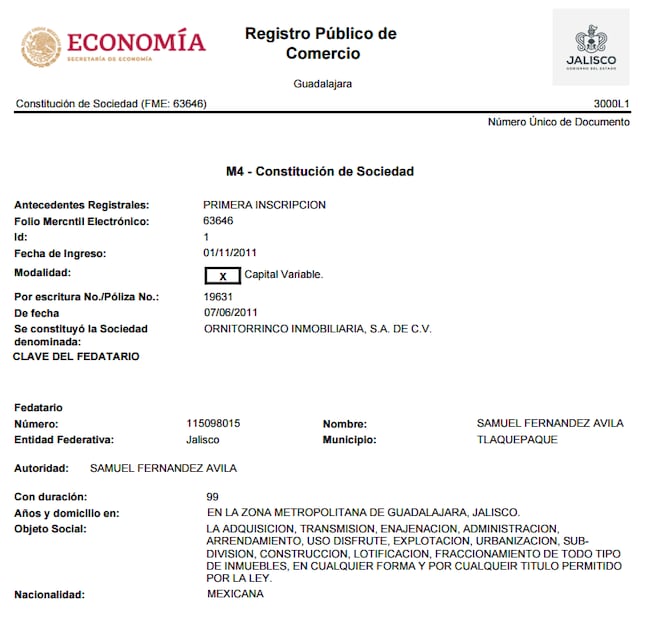 Ornitorrinco Inmobiliaria, S.A. de C.V. fue constituida en 2011. Foto: Registro Público de Comercio.