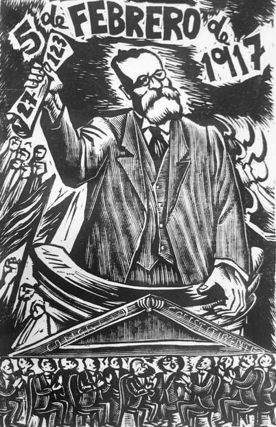 Grabado de Leopoldo Méndez sobre Venustiano Carranza, para la compilación de Celestino Herrera Frimont. Foto: Corridos de la Revolución/ESPECIAL.