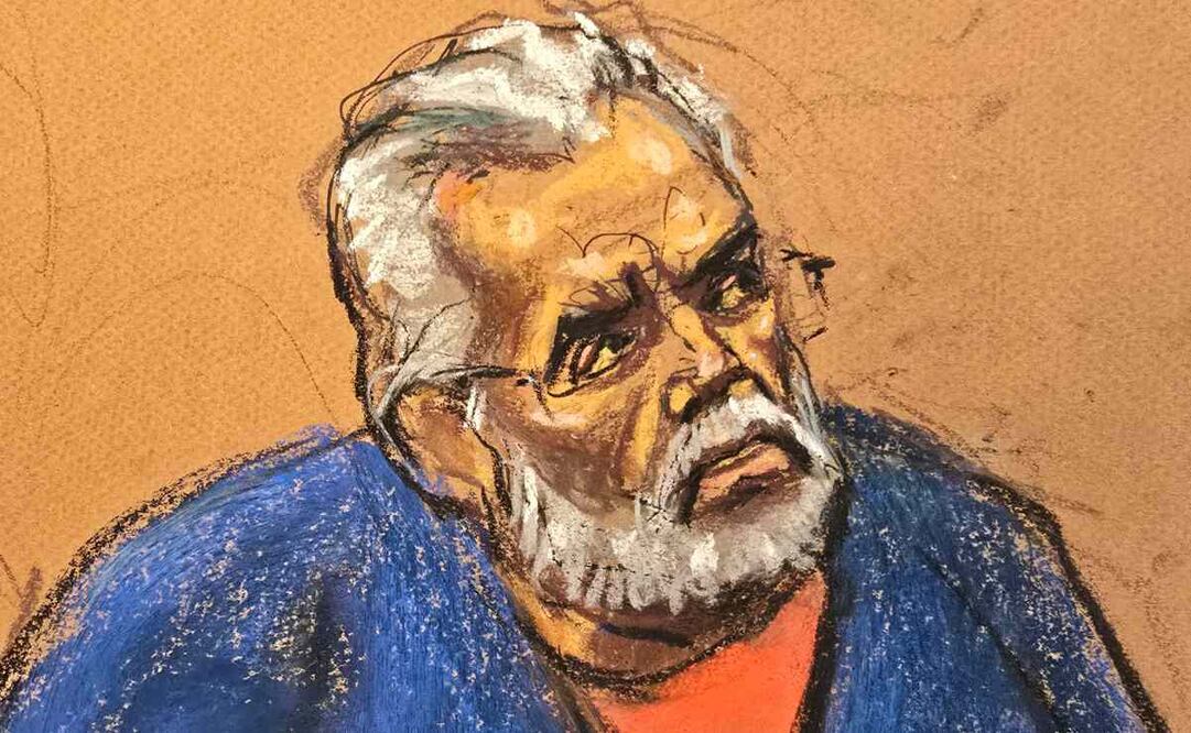 Fotografía de un dibujo realizado por la artista Jane Rosenberg del narcotraficante mexicano Ismael 'el Mayo' Zambada durante el juicio realizado en un tribunal federal este lunes, en Nueva York (Estados Unidos). Zambada, cofundador y líder histórico del Cartel de Sinaloa, se declaró formalmente culpable de dos cargos de narcotráfico, lavado de dinero y uso de armas que pesaban en su contra tras más de cinco décadas de actividad criminal. Foto: EFE/Archivo