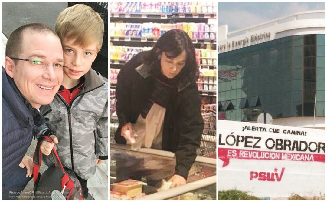 Primera imagen: Anaya lleva a su hijo a la escuela; segunda imagen: Juana Cuevas, esposa de José Antonio Meade, en el supermercado; tercera imagen: fotografía de presunto apoyo a AMLO en Venezuela. (Fotos: Tomadas de Twitter.)