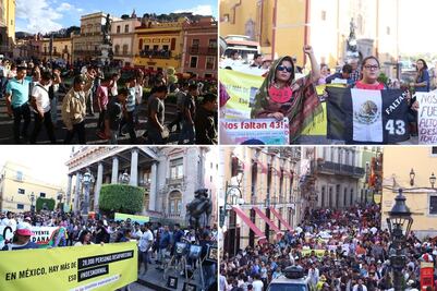 Marchan por los 43 de Ayotzinapa en el Cervantino