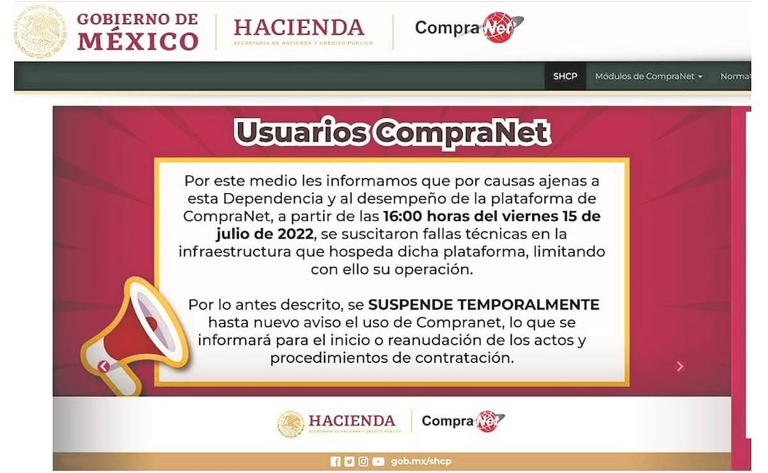 El portal de CompraNet se encuentra fuera de servicio dese el pasado 15 de julio debido a fallas técnicas en la plataforma, según informó la Secretaría de Hacienda y Crédito Público. Foto: Archivo EL UNIVERSAL 