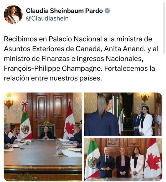 Claudia Sheinbaum recibe a ministros canadienses de alto rango. Foto: Captura de pantalla de la cuenta de X de @Claudiashein.