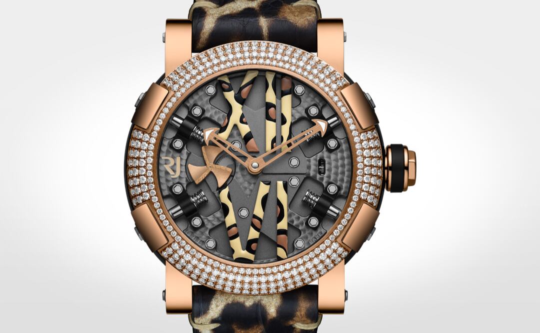 La versión con bisel en oro rojo y diamantes del Steampunk Urban Safari de Romain Jerome. La caja mide 50 milímetros de diámetro y el mecanismo Swiss Made es de carga automática.