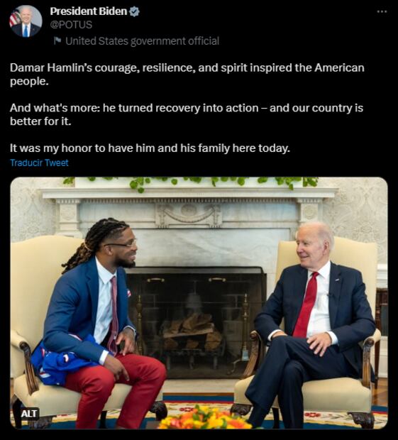 Joe Biden se reunió con Damar Hamlin en la Casa Blanca - Foto: Especial