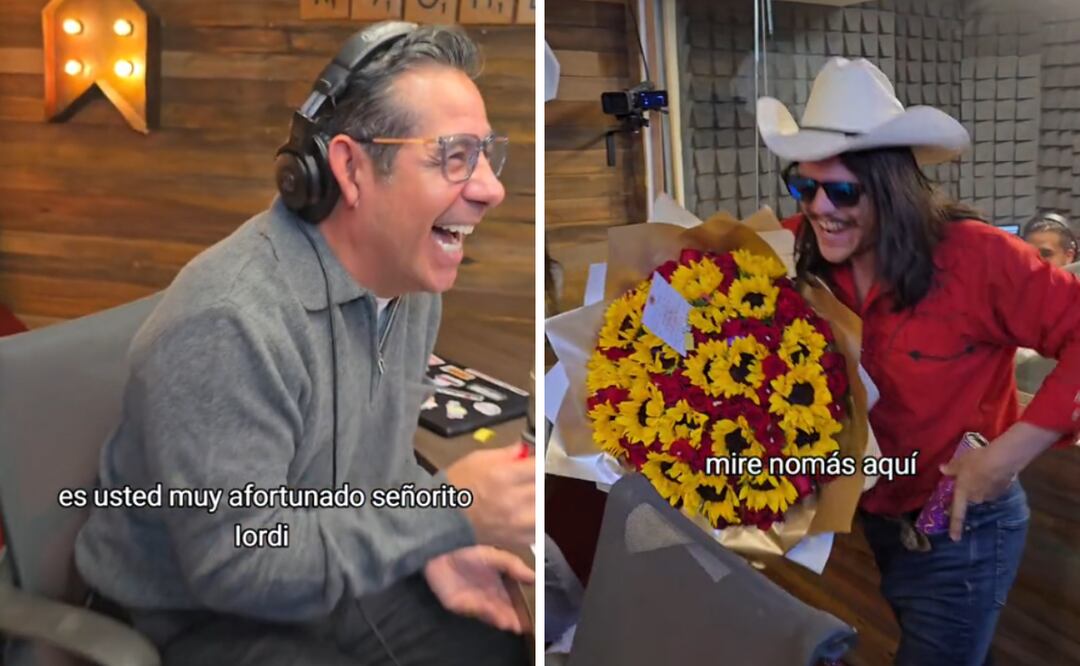 Durante una transmisión en vivo, Yordi Rosado recibió una sorpresa de Flores ‘El Patrón’, quien apareció con su característico ramo buchón y un emotivo mensaje. Foto: Captura de pantalla (Tiktok)