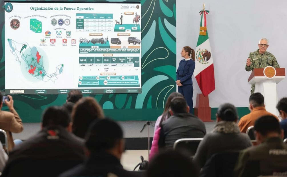 General Román Villalvazo Barrios, jefe del Centro de Coordinación para la Copa Mundial de Futbol 2026 en conferencia de la presidenta Sheinbaum en Jalisco (06/03/2026). Foto: Presidencia