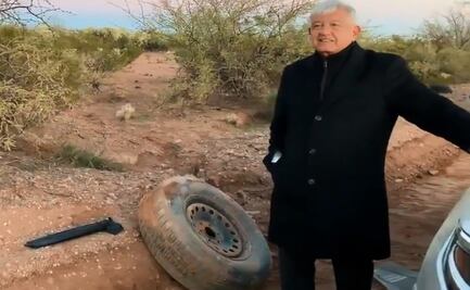 Se le poncha la llanta a camioneta en la que viajaba AMLO en camino de terracería